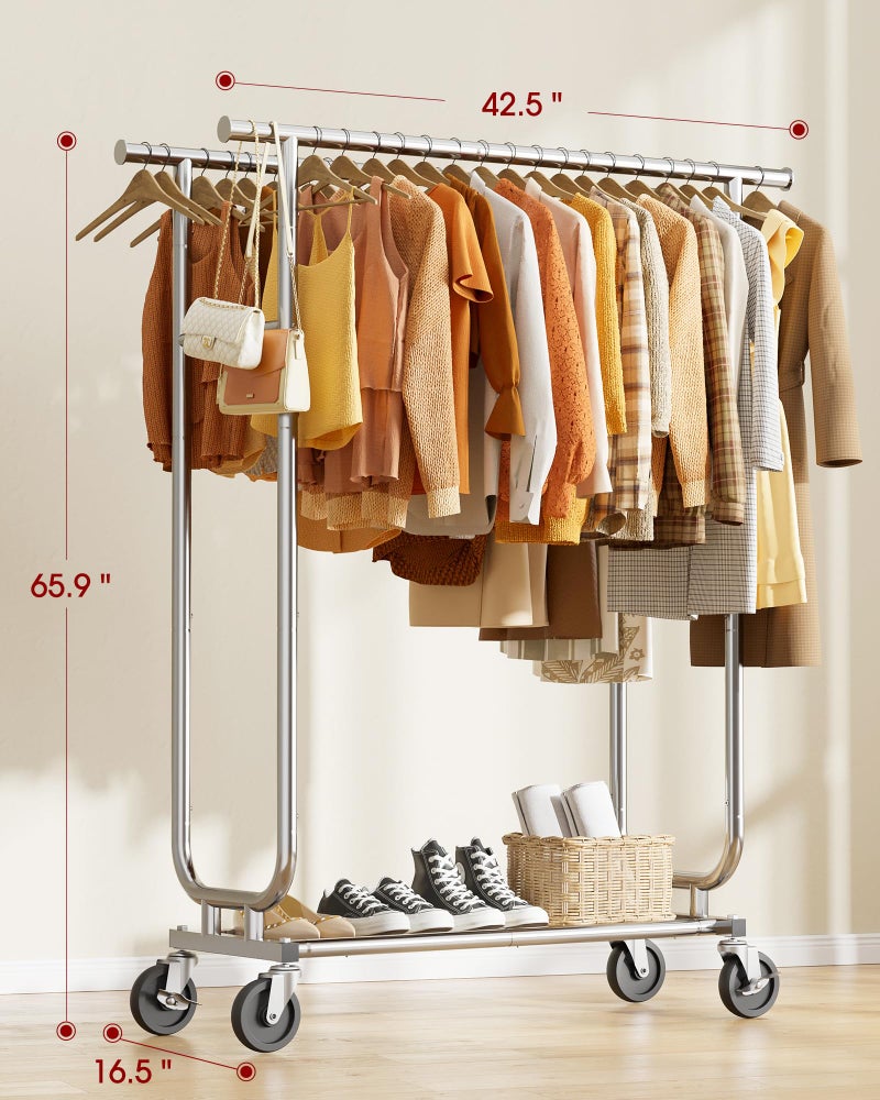 Sakugi Heavy Duty Stainless Steel Rolling Clothes Rack with Mesh Shelf, Lockable Wheels & Anti-Slip Stoppers, Large Capacity Clothing Organizer for Bedroom, Laundry Room, 43.5" x 16.5" x 65.9", Silver - Image 3
