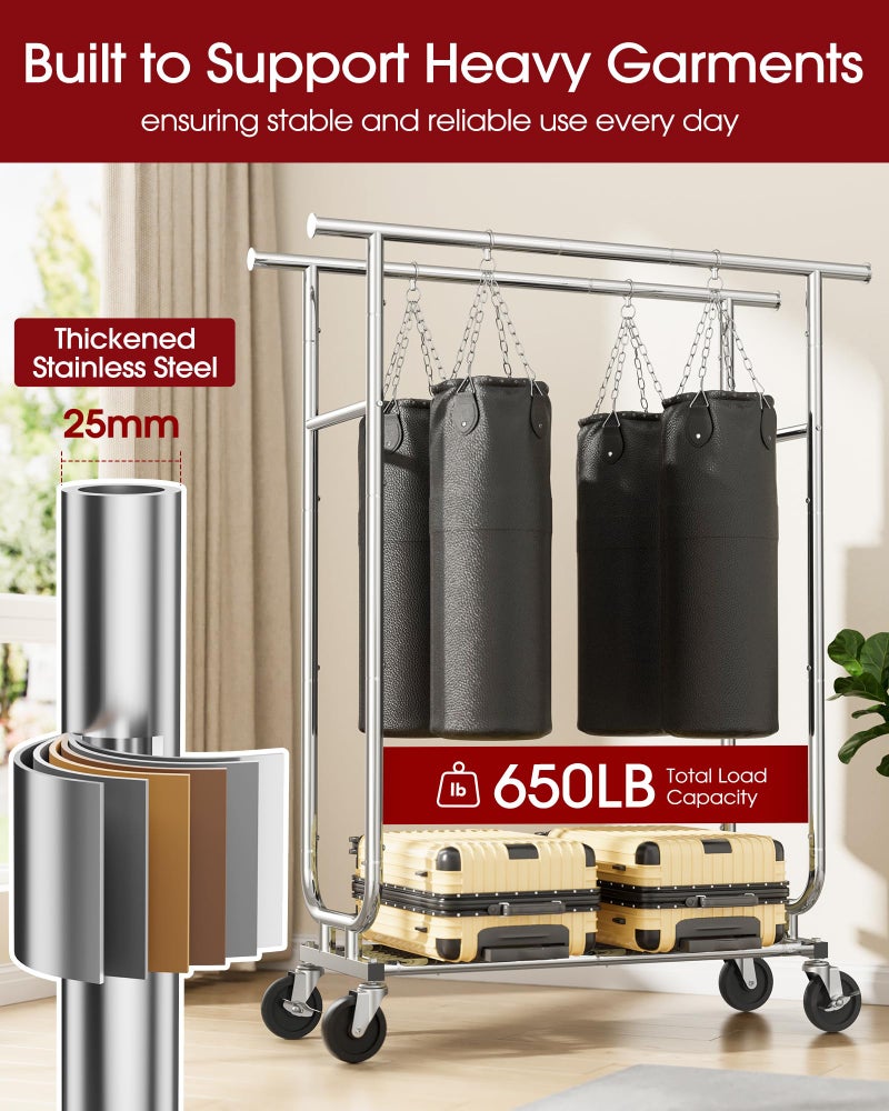 Sakugi Heavy Duty Stainless Steel Rolling Clothes Rack with Mesh Shelf, Lockable Wheels & Anti-Slip Stoppers, Large Capacity Clothing Organizer for Bedroom, Laundry Room, 43.5" x 16.5" x 65.9", Silver - Image 4