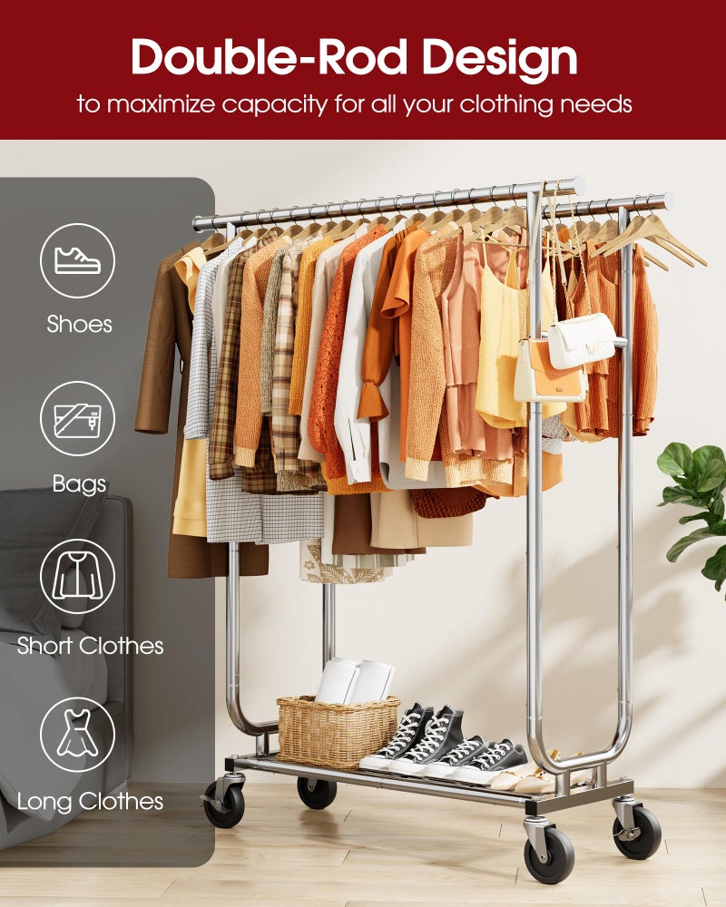 Sakugi Heavy Duty Stainless Steel Rolling Clothes Rack with Mesh Shelf, Lockable Wheels & Anti-Slip Stoppers, Large Capacity Clothing Organizer for Bedroom, Laundry Room, 43.5" x 16.5" x 65.9", Silver - Image 5