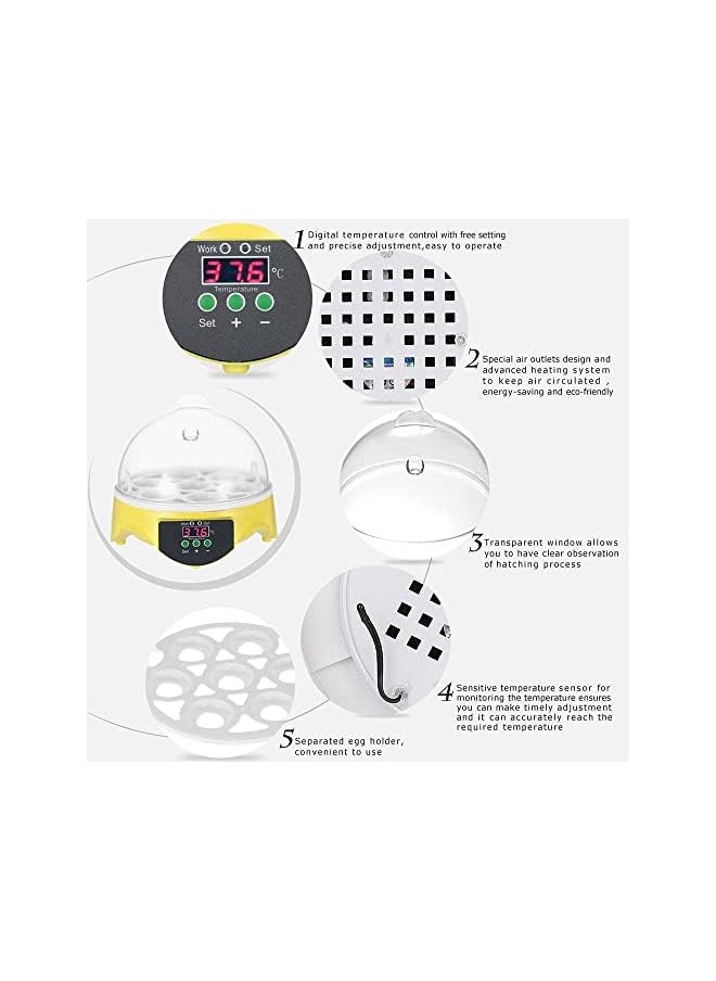 MARGOUN - Egg Incubator 7 Eggs Mini Digital Hatcher Transparent Eggs Hatching Machine Automatic Temperature Control for Chicken Duck Bird Eggs AC220V (Yellow) - Image 1