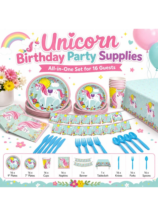 Kidzilla 114 PCS Unicorn Birthday Party Supplies Kit for Girls – Unicorn Theme Party Decorations Set with Plates, Cups, Napkins, Banner, Tablecloth & Cutlery - Image 1