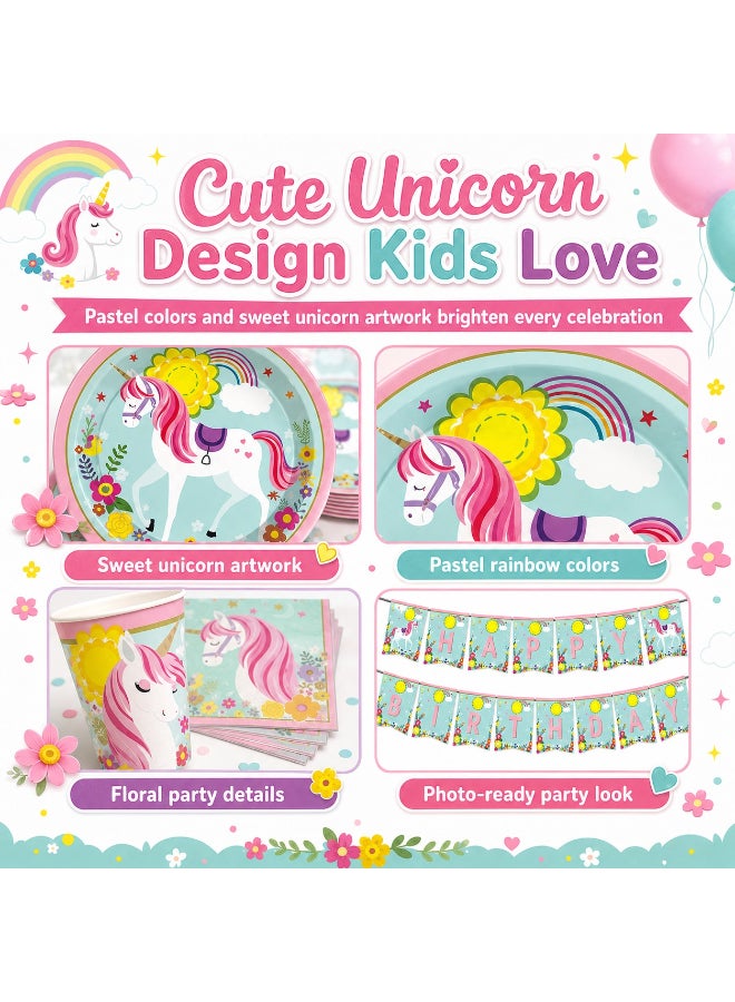 Kidzilla 114 PCS Unicorn Birthday Party Supplies Kit for Girls – Unicorn Theme Party Decorations Set with Plates, Cups, Napkins, Banner, Tablecloth & Cutlery - Image 2