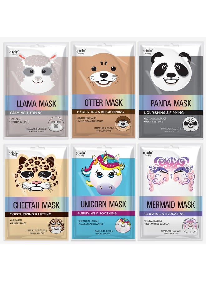 Epielle Animal Character Sheet Masks | Korean Spa Masks for All Skin Types | Face Mask, Spa Gifts, Birthday Party Gifts, Girls' Night, Skincare Party | Assorted 6 Pack | Korean Skincare, Easter Gift - Image 1