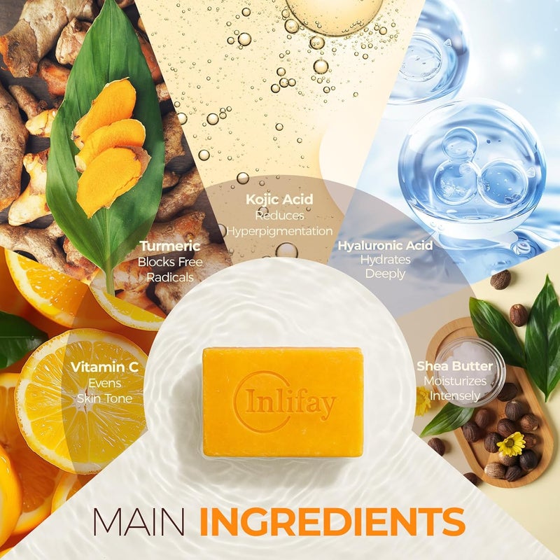 Inlifay Kojic Acid Soap Bar Dark Spot Remover with Turmeric Skin Cleasing for Women with Hyperpigmentation Home Travel Use with African Net Sponge in Summer - Image 2