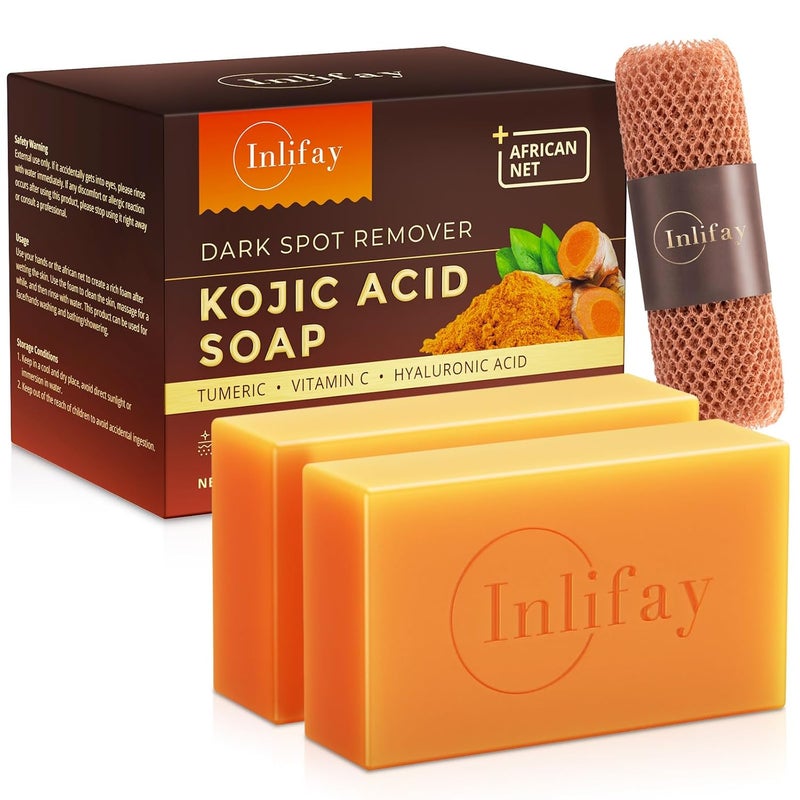 Inlifay Kojic Acid Soap Bar Dark Spot Remover with Turmeric Skin Cleasing for Women with Hyperpigmentation Home Travel Use with African Net Sponge in Summer - Image 1