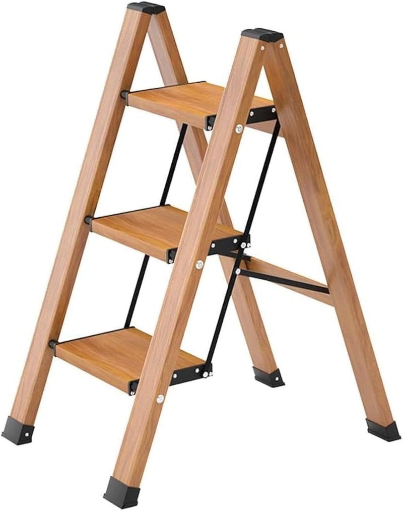 3 Step Stool Ladder – Lightweight Folding Aluminum with Wood Grain Finish – Wide Non-Slip Pedals, 300kg Load Capacity, Easy Storage, Safe Step Stool for Toddlers, Home & Kitchen Use - Image 1
