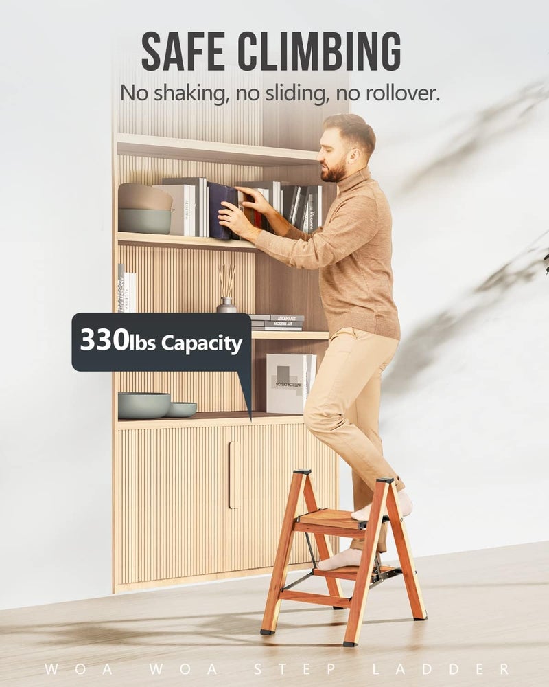 3 Step Stool Ladder – Lightweight Folding Aluminum with Wood Grain Finish – Wide Non-Slip Pedals, 300kg Load Capacity, Easy Storage, Safe Step Stool for Toddlers, Home & Kitchen Use - Image 4