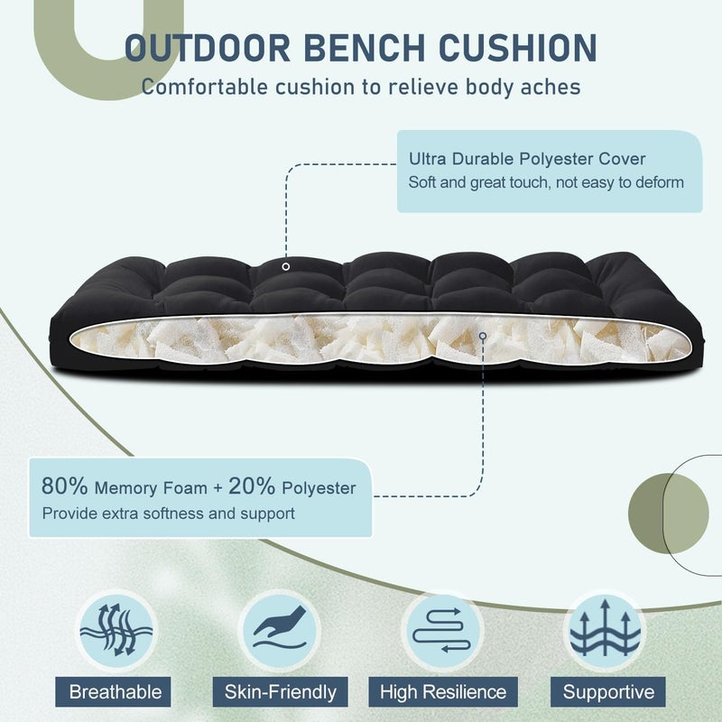 downluxe Outdoor Bench Cushion for Patio Furniture, Waterproof Tufted Overstuffed Porch Swing Cushions, Memory Foam Outdoor Loveseat Cushions, 59" x 18" x 5", Black, Set of 1 - Image 2