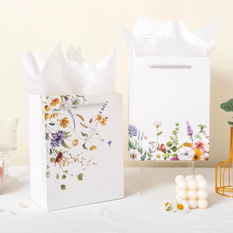 Crisky 4 Pack Medium Gift Bags with Handles, Wildflower Floral Wedding Gift Bag Medium Size Goodie Bags with Tissue Paper for Bridal Shower, Engagement, Birthday, Graduation, Small Business - Image 5