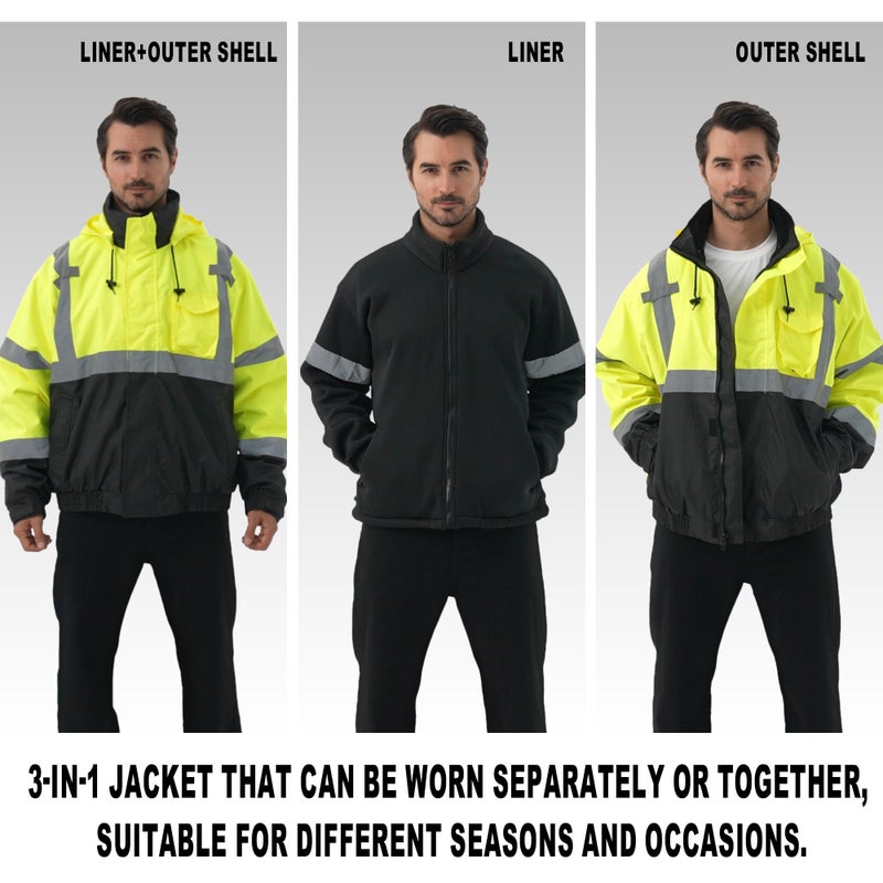 Dpsafety 3 In 1 Safety Jacket Reflective High Visibility Hooded Jacket Hi Vis Bomber Jacket Shell And Fleece Lining Waterproof Ansi Class 3 Black Large - Image 4