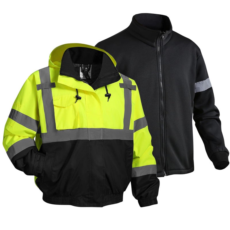 Dpsafety 3 In 1 Safety Jacket Reflective High Visibility Hooded Jacket Hi Vis Bomber Jacket Shell And Fleece Lining Waterproof Ansi Class 3 Black Large - Image 1