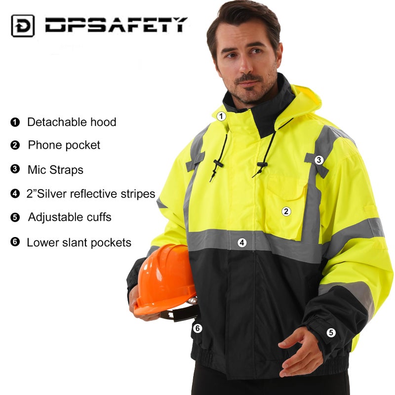 Dpsafety 3 In 1 Safety Jacket Reflective High Visibility Hooded Jacket Hi Vis Bomber Jacket Shell And Fleece Lining Waterproof Ansi Class 3 Black Large - Image 3