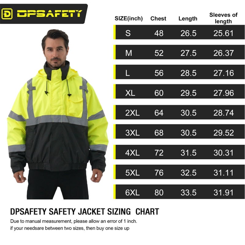 Dpsafety 3 In 1 Safety Jacket Reflective High Visibility Hooded Jacket Hi Vis Bomber Jacket Shell And Fleece Lining Waterproof Ansi Class 3 Black Large - Image 5