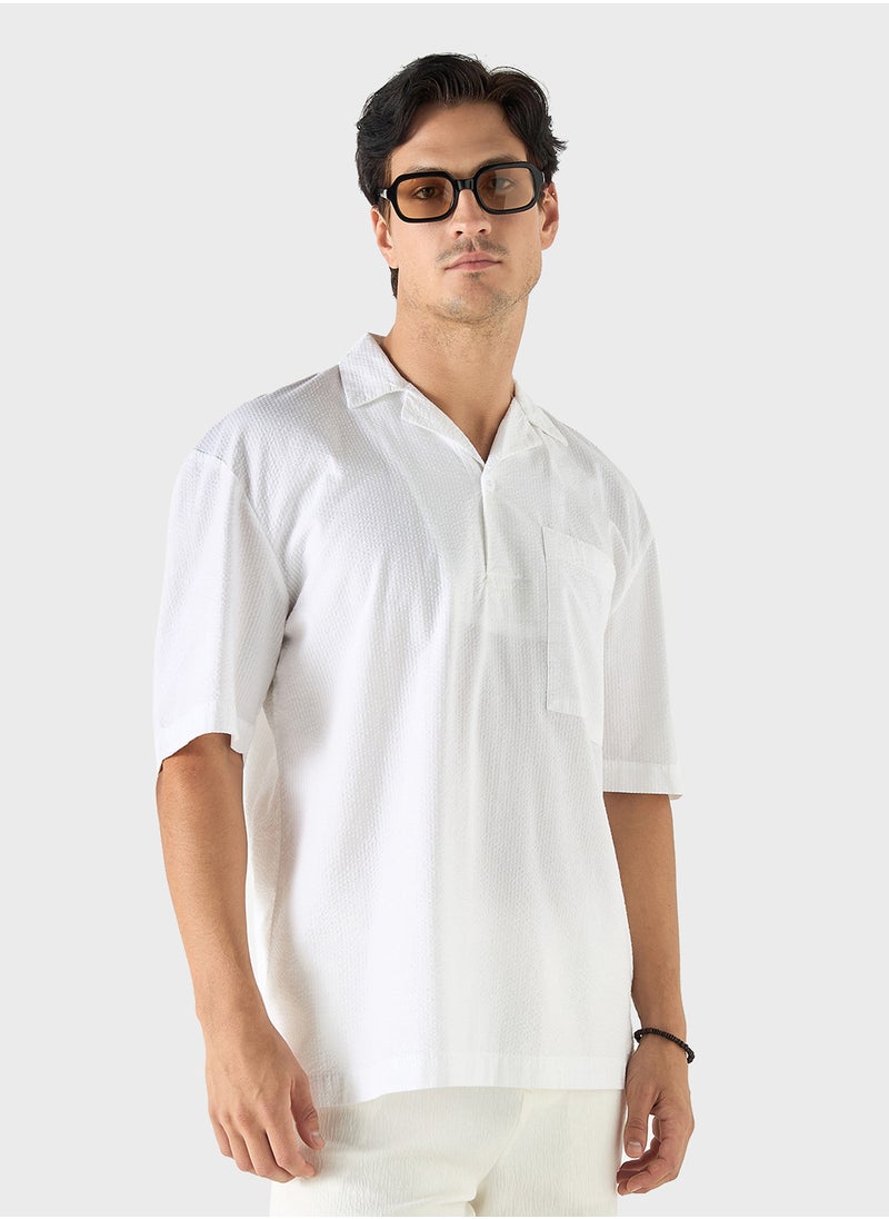 Iconic Iconic Textured Camp Collar Shirt with Short Sleev  - Image 1