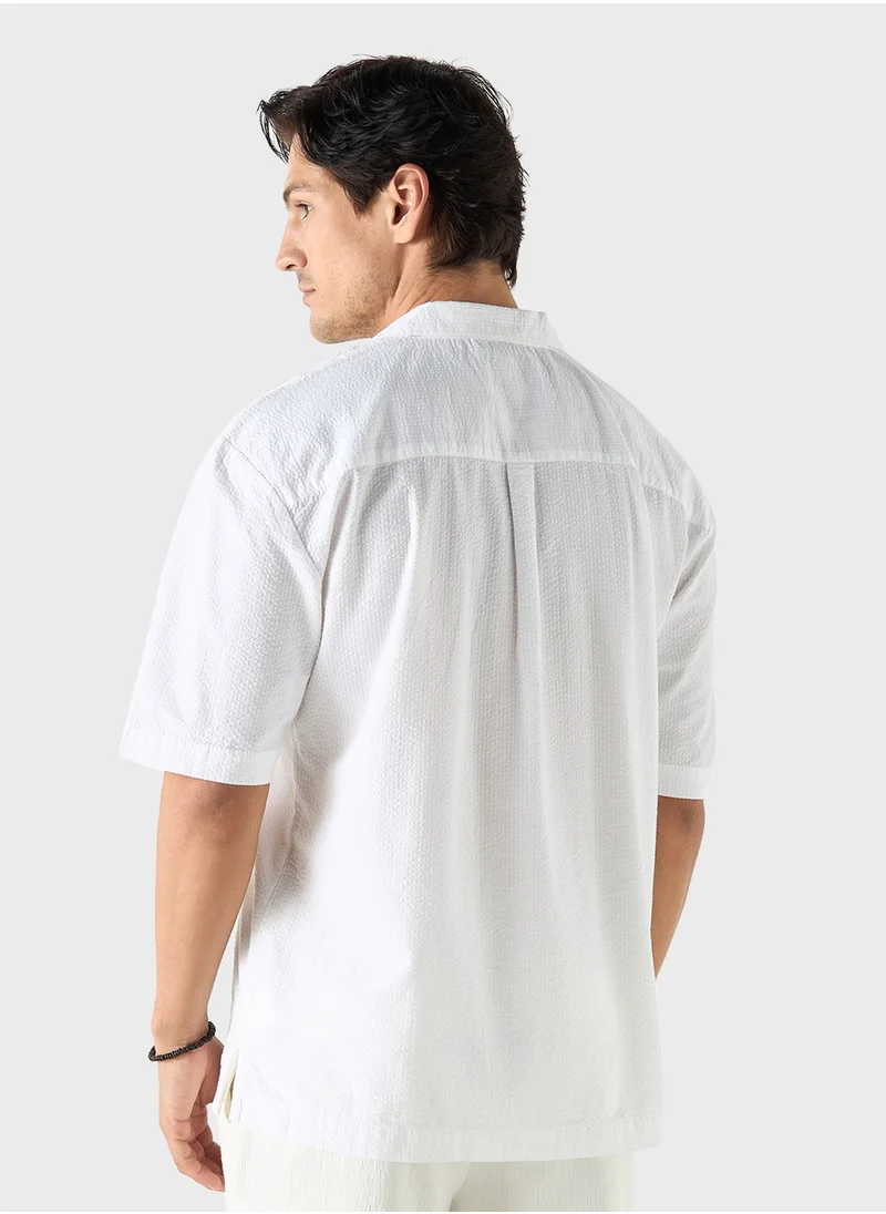 ايكونيك Iconic Textured Camp Collar Shirt with Short Sleev