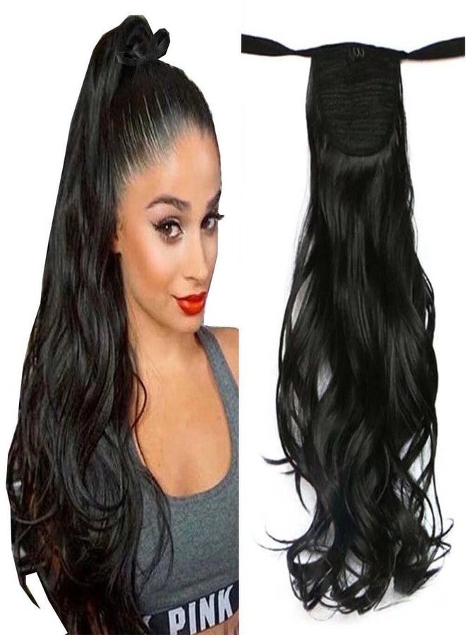 iLUU Hair 20" 90g Womens Synthetic Long Curly Ribbon Tie Up Ponytails Hairpiece Clip in on Hair Extensions #1B Natural Black Wavy Heat-resisting Ponytail Extension for Party Daily Use - Image 1
