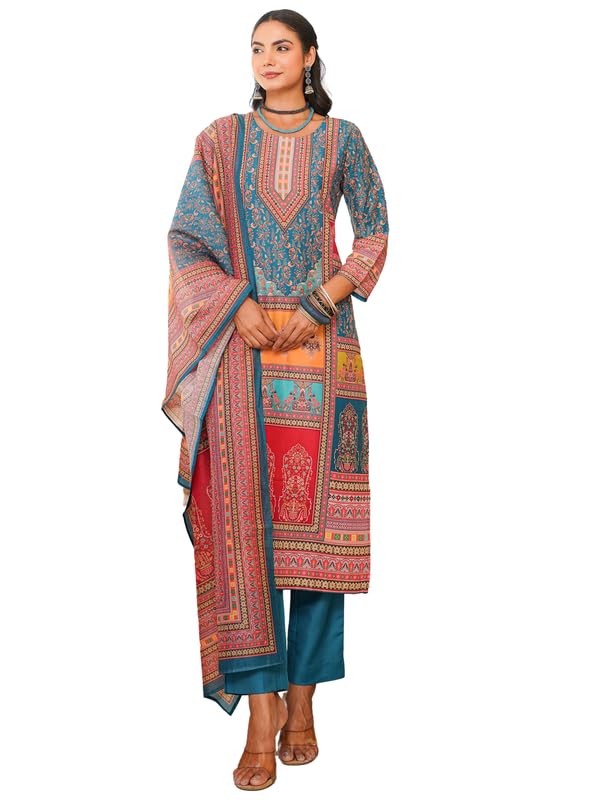 Vaamsi Women's Blue Rayon Printed Straight Kurta Pants With Dupatta Set | Festive Straight Kurta Set For Women | Printed Salwar Suit For Women (SKSKD3060, L) - Image 1