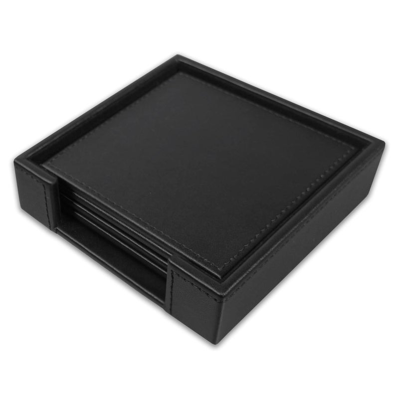 Black Leatherette 4 Square Coaster Set with Stitched Edging and Holder