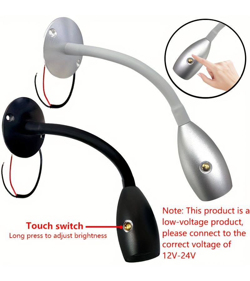 Black 1pc 3W Flexible Gooseneck Led Rv Reading Light With Dimmable Warm And Red Light - Image 3