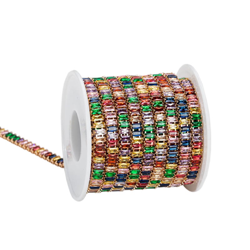 KAOYOO 1 Yards Rectangle Zircon Rhinestones Close Chain Beaded Trim for Sewing Crafts,DIY Decoration(Rainbow Crystal) - Image 1