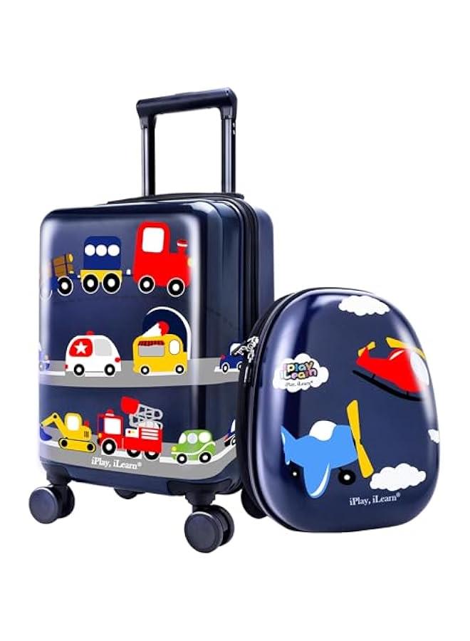 Arabest Airplane Kids Luggage, Boys Carry On Suitcase, 18 Hardside Travel Luggage Set W/Backpack, Toddler Rolling Luggage W/ 4 Spinner Wheels, Children Holiday Birthday Gift - Image 1
