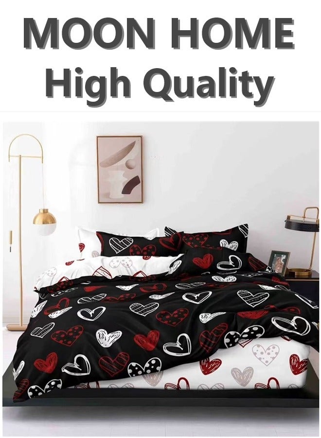 MOON HOME Luxury 6-Piece Duvet Cover Set – King/Queen/Single Sizes –black and white heart patterned design  Includes Comforter Cover, Fitted Sheet & 4 Pillowcases – Elegant & Comfortable Bedding