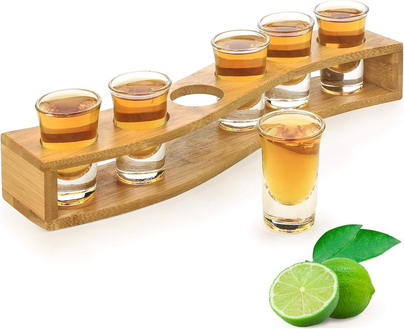 LINALL Shot Glasses 6pcs Shot Glass Set 1oz/30ml Shot Glass Holder Heavy Base for Whisky Tequila 6 Shot Glass Serving Tray (6pcs) - Image 1