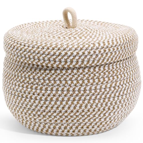 DOITOOL Small Cotton Rope Storage Basket with Lid, 8 inch Round Woven Covered Basket for Organizing, Decorative Lidded Baskets for Nursery Shelf, Boho Makeup Organizer for Vanity Countertop - Image 1