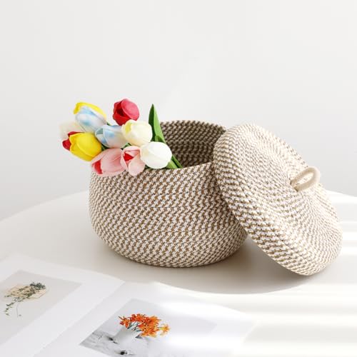 DOITOOL Small Cotton Rope Storage Basket with Lid, 8 inch Round Woven Covered Basket for Organizing, Decorative Lidded Baskets for Nursery Shelf, Boho Makeup Organizer for Vanity Countertop - Image 3