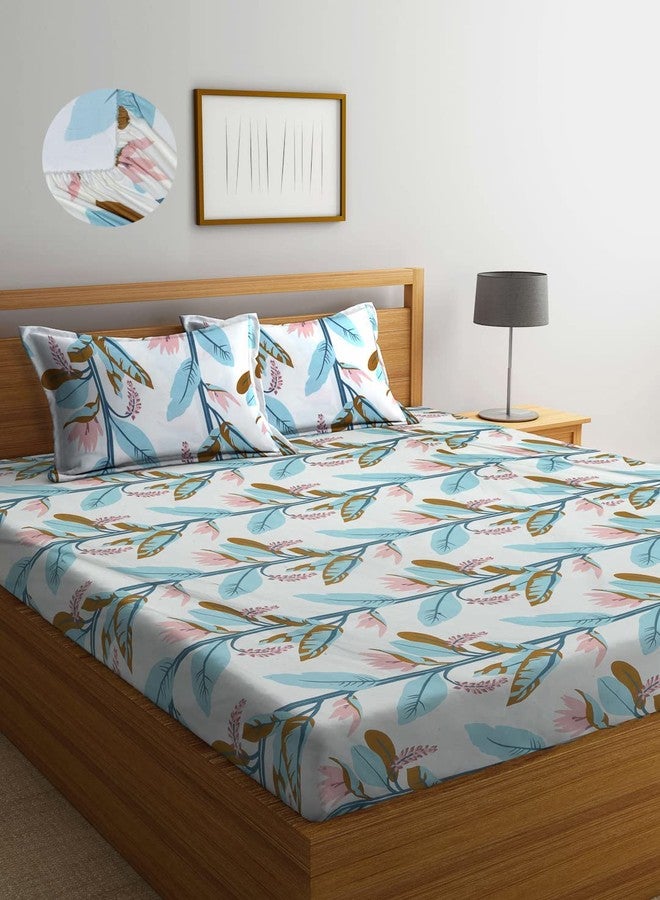 AVINYA Cotton Feel Glace Cotton Elastic Fitted Printed Queen Size Double Bed Bedsheet with 2 Pillow Covers (72"x72"x6") (White) - Image 1