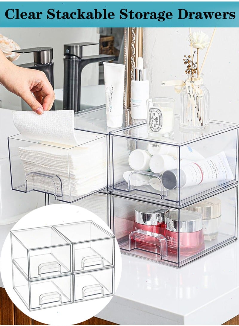 يواوليتي 4 حزم من الأدراج الصغيرة الشفافة القابلة للتكديس، منظم مستحضرات التجميل الأكريليكي للحمام، صناديق تخزين بلاستيكية للمرآة، تحت الحوض، خزائن المطبخ، مخزن الطعام، تنظيم المنزل - Image 1