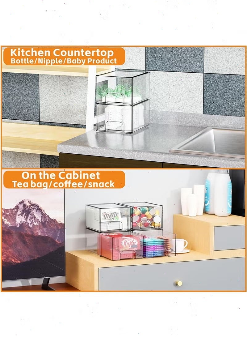 يواوليتي 4 حزم من الأدراج الصغيرة الشفافة القابلة للتكديس، منظم مستحضرات التجميل الأكريليكي للحمام، صناديق تخزين بلاستيكية للمرآة، تحت الحوض، خزائن المطبخ، مخزن الطعام، تنظيم المنزل - Image 2