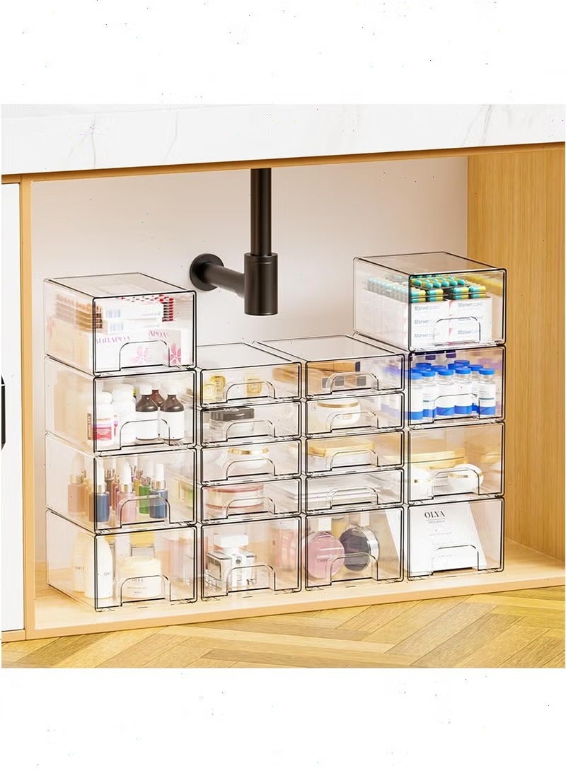 يواوليتي 4 حزم من الأدراج الصغيرة الشفافة القابلة للتكديس، منظم مستحضرات التجميل الأكريليكي للحمام، صناديق تخزين بلاستيكية للمرآة، تحت الحوض، خزائن المطبخ، مخزن الطعام، تنظيم المنزل - Image 4