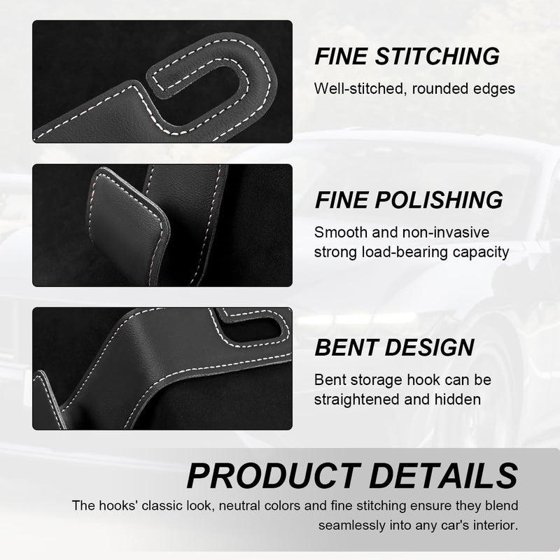 FSTURIOS 2 PCS Car Seat Headrest Hooks, Microfiber Leather Hanger Holder Hook for Hanging Purse and Bag, Universal Vehicle Back Seat Organizer Hook for Grocery Bag Handbag Coat (Black) - Image 3