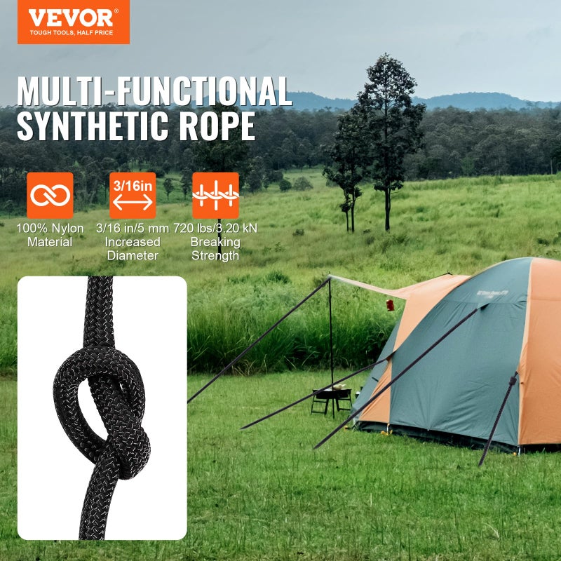 VEVOR Braided Nylon Rope, 3/16 in x 250 ft, 32 Strands, 720 LBS Breaking Strength Outdoor, Arborist Tree Rigging for Rock Hiking Camping ord Swing Rappelling Rescue, Black - Image 2