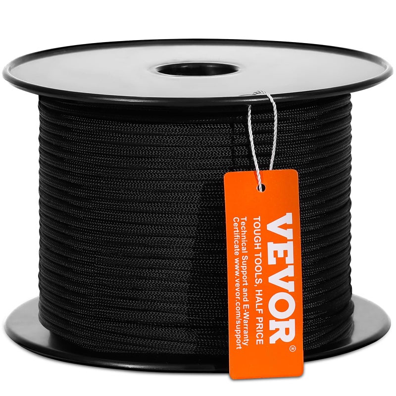VEVOR Braided Nylon Rope, 3/16 in x 250 ft, 32 Strands, 720 LBS Breaking Strength Outdoor, Arborist Tree Rigging for Rock Hiking Camping ord Swing Rappelling Rescue, Black - Image 1
