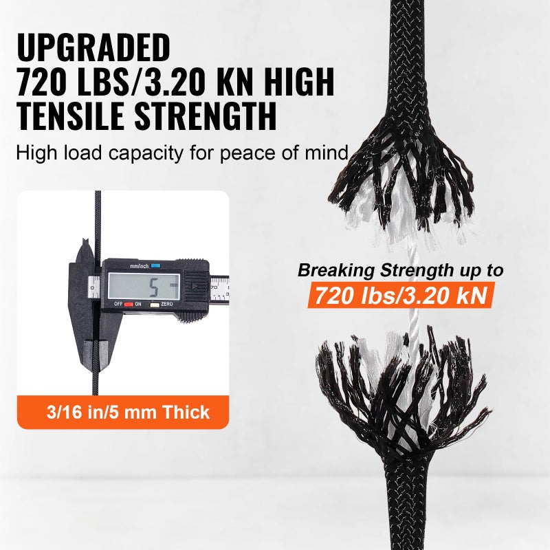 VEVOR Braided Nylon Rope, 3/16 in x 250 ft, 32 Strands, 720 LBS Breaking Strength Outdoor, Arborist Tree Rigging for Rock Hiking Camping ord Swing Rappelling Rescue, Black - Image 5