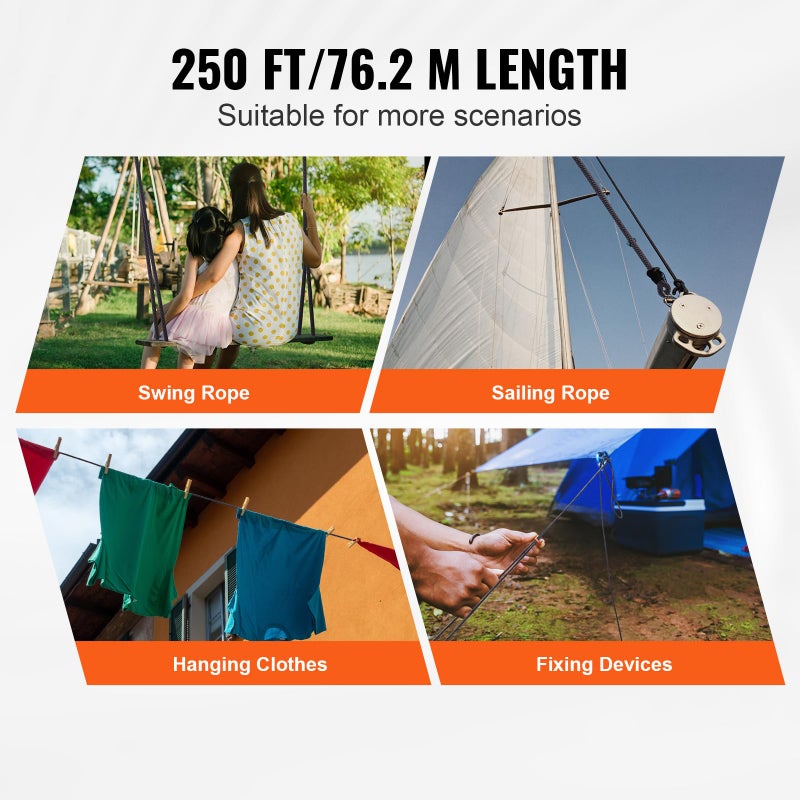 VEVOR Braided Nylon Rope, 3/16 in x 250 ft, 32 Strands, 720 LBS Breaking Strength Outdoor, Arborist Tree Rigging for Rock Hiking Camping ord Swing Rappelling Rescue, Black - Image 4
