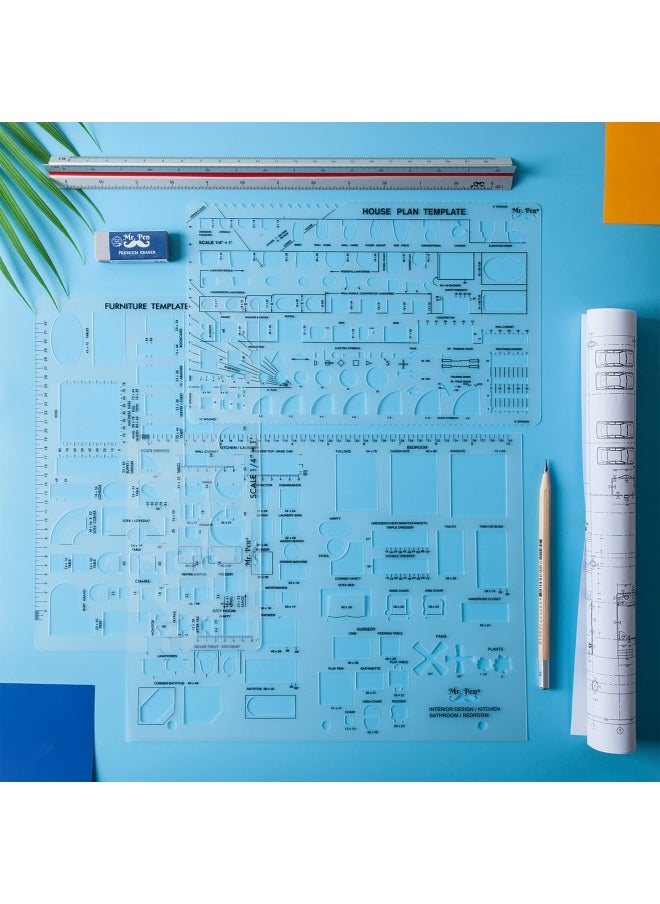 Mr. Pen - - House Plan Interior Design And Furniture Templates Drafting Tools And Ruler Shapes For Architecture - Set Of 3 - Image 1