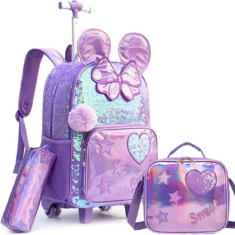 Meetbelify Rolling Backpack for Girls Backpacks with Wheels for Elementary School Students Kids 3 in 1 Travel Luggage Suitcase with Lunch Box Pencil Case for Girls Age 810 Cute - Image 2