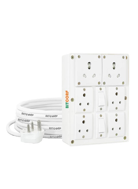 Bitcorp Extension Cord 2000W 6A 16A 20A Spike Guard Thermal Protection 6 Way Multi Pin Outlet 2 Switch Power Cord with 8 Meter Long Wire Cable Suitable for Small and Heavy Duty Appliance