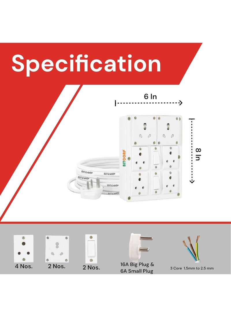BITCORP Bitcorp Extension Cord 2000W 6A 16A 20A Spike Guard Thermal Protection 6 Way Multi Pin Outlet 2 Switch Power Cord with 8 Meter Long Wire Cable Suitable for Small and Heavy Duty Appliance  - Image 3