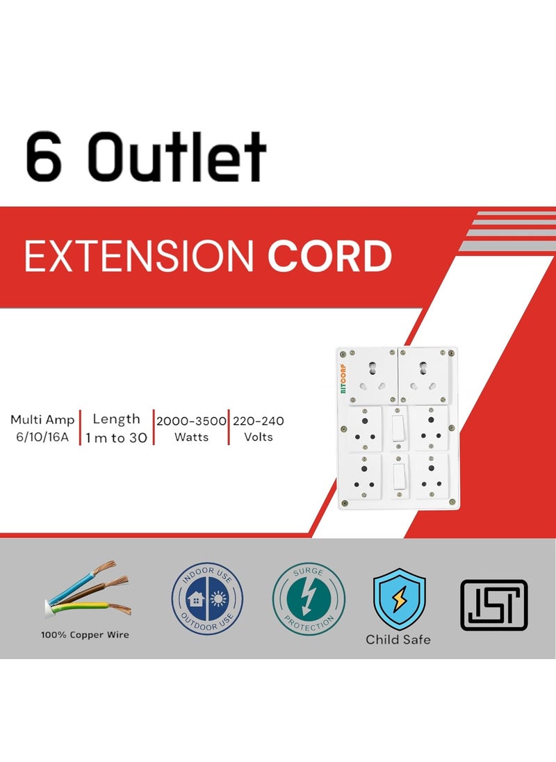 BITCORP Bitcorp Extension Cord 2000W 6A 16A 20A Spike Guard Thermal Protection 6 Way Multi Pin Outlet 2 Switch Power Cord with 8 Meter Long Wire Cable Suitable for Small and Heavy Duty Appliance  - Image 2