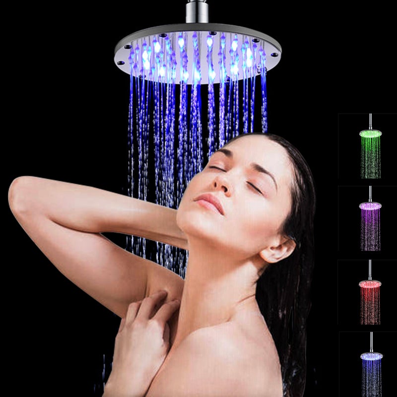 رأس دش مطر صلب من الطريق LED بقطر 10 بوصات دائري، يتغير لونه تلقائيًا بالألوان RGB بمستشعر درجة الحرارة لاستخدام في الحمام - Image 5