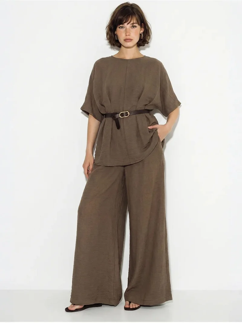 بيانكو لوتشي LUCCI Viscose-Linen Blouse And Wide-Leg Trousers Set
