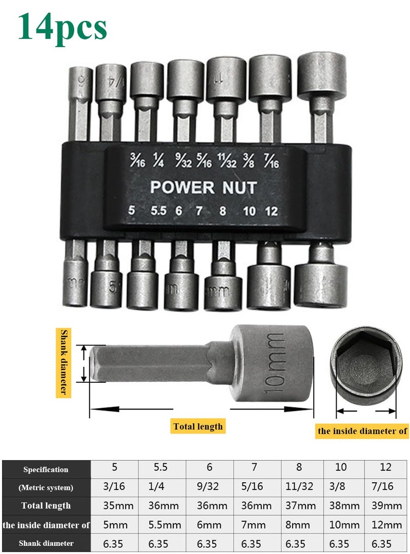 Zurato 14 Piece Power Nut Driver Drill Bit Socket Wrench Tool Set | 35K Carbon Steel 1/4 Inch Hex Shank Nut Driver Bits | Rustproof Wrench Adapter Kit for Drill Machine (14 Piece, Pck of 1) - Image 5