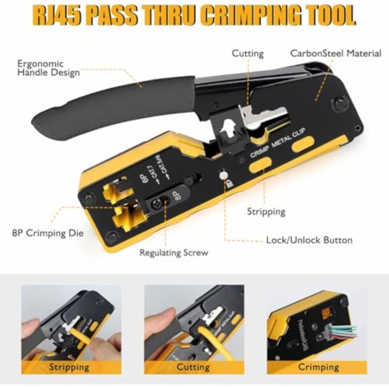 RJ45 Crimp Tool Kit, Ethernet Pass Through Crimper, Network Cat5 Cat6 Cat7 Crimping Tool Repair Kit Includes Cable Tester, Mini Stripper, Blades, 10Pcs Connectors - Image 3