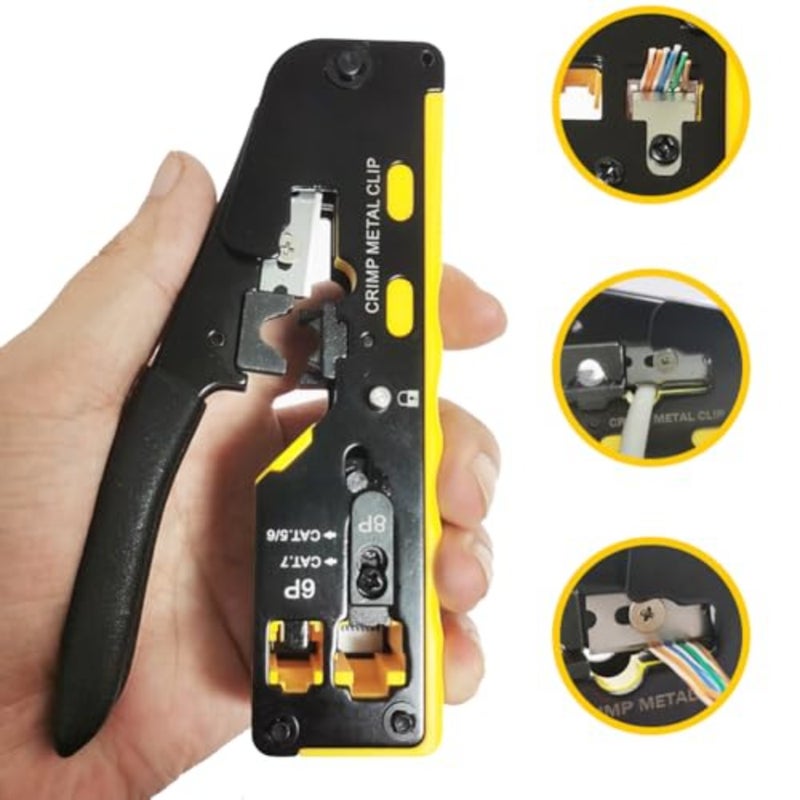 RJ45 Crimp Tool Kit, Ethernet Pass Through Crimper, Network Cat5 Cat6 Cat7 Crimping Tool Repair Kit Includes Cable Tester, Mini Stripper, Blades, 10Pcs Connectors - Image 2