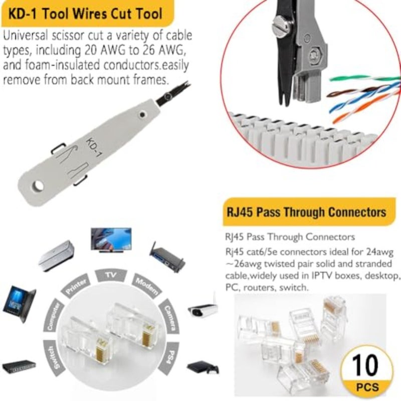 RJ45 Crimp Tool Kit, Ethernet Pass Through Crimper, Network Cat5 Cat6 Cat7 Crimping Tool Repair Kit Includes Cable Tester, Mini Stripper, Blades, 10Pcs Connectors - Image 5