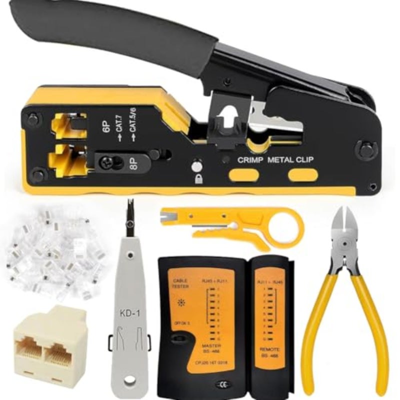 RJ45 Crimp Tool Kit, Ethernet Pass Through Crimper, Network Cat5 Cat6 Cat7 Crimping Tool Repair Kit Includes Cable Tester, Mini Stripper, Blades, 10Pcs Connectors - Image 1